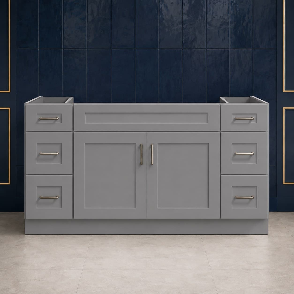 60-inch wide single sink vanity base cabinet with two center shaker-style doors and triple-drawer banks on both sides, 34 1/2 inches tall, neutral finish, in Modern Gray finish — front view