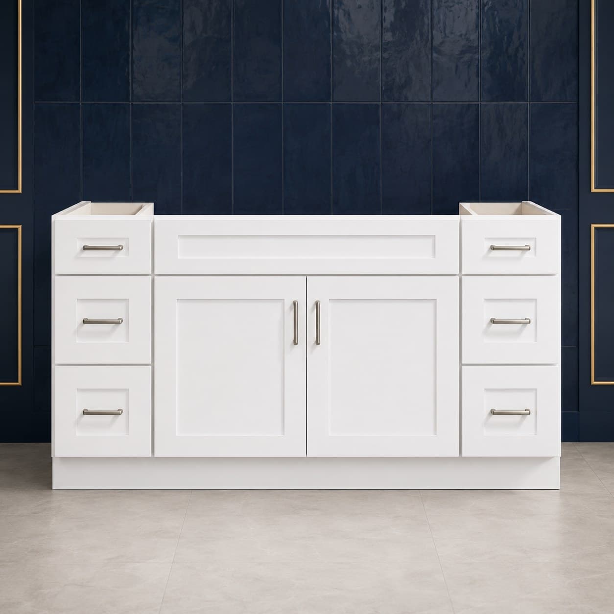 60-inch wide single sink vanity base cabinet with two center shaker-style doors and triple-drawer banks on both sides, 34 1/2 inches tall, neutral finish, in Purity White finish — front view