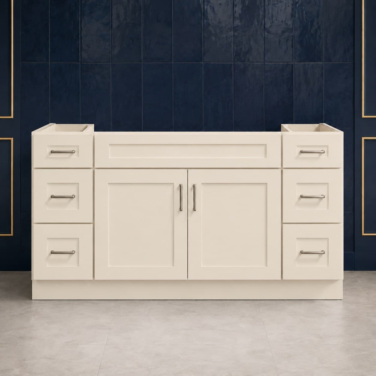 60-inch wide single sink vanity base cabinet with two center shaker-style doors and triple-drawer banks on both sides, 34 1/2 inches tall, neutral finish, in Seashell Cream finish — front view