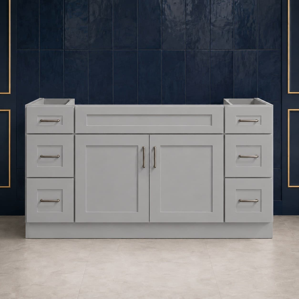60-inch wide single sink vanity base cabinet with two center shaker-style doors and triple-drawer banks on both sides, 34 1/2 inches tall, neutral finish, in Silver Gray finish — front view