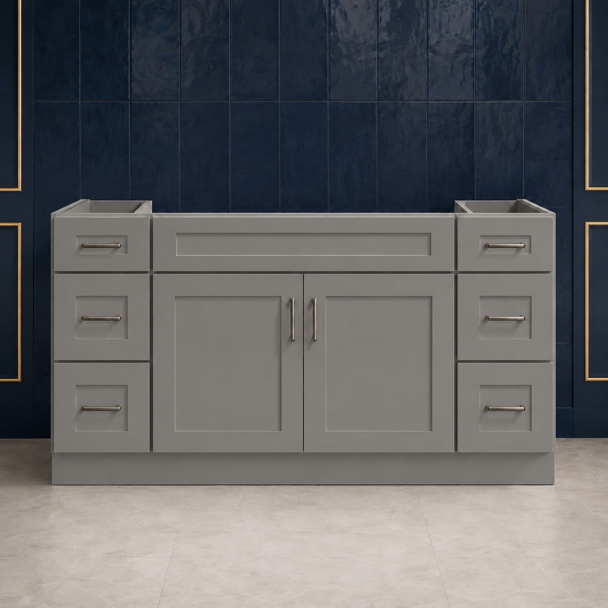 60-inch wide single sink vanity base cabinet with two center shaker-style doors and triple-drawer banks on both sides, 34 1/2 inches tall, neutral finish, in Victory Gray finish — front view