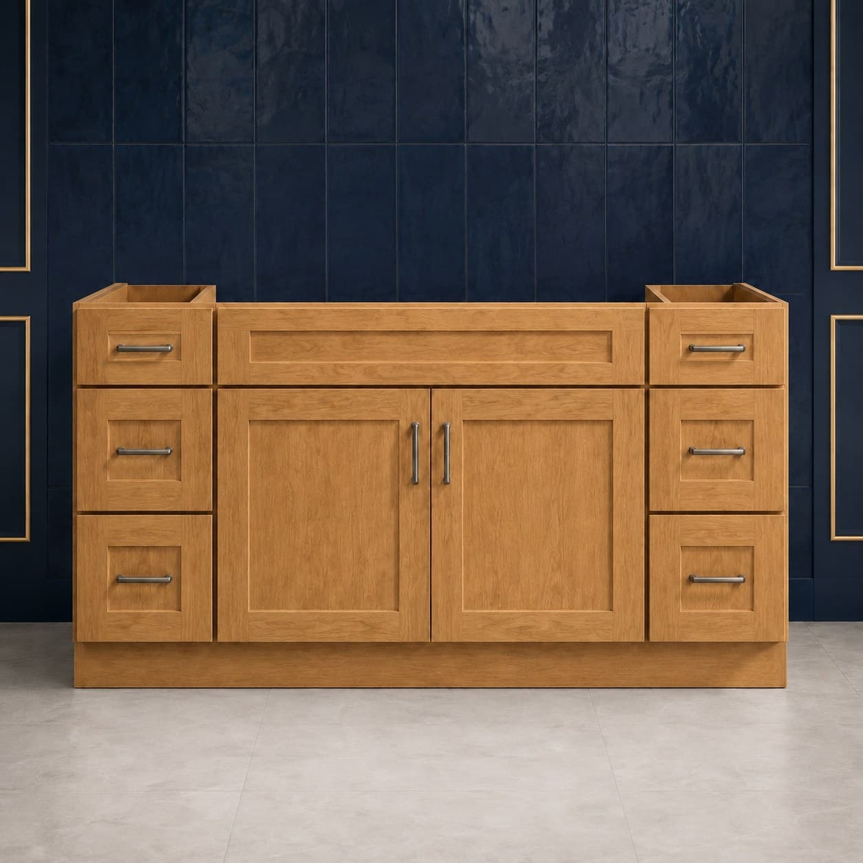 60-inch wide single sink vanity base cabinet with two center shaker-style doors and triple-drawer banks on both sides, 34 1/2 inches tall, neutral finish, in Wood Color finish — front view