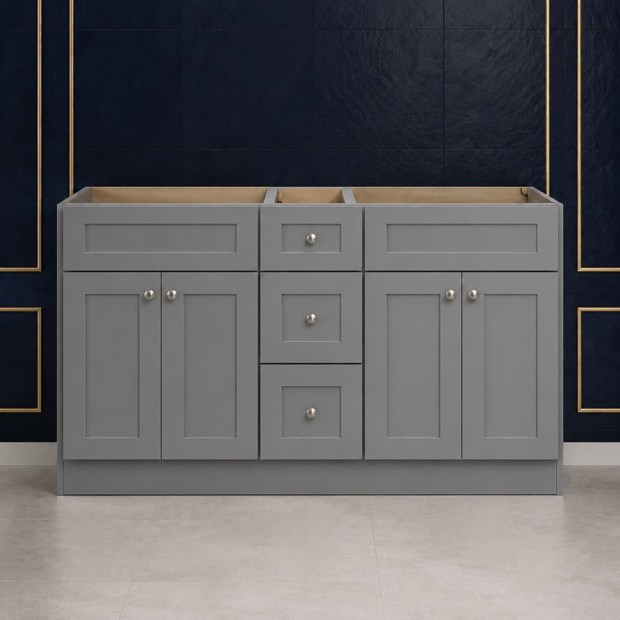 60-inch wide double sink vanity base cabinet with four shaker-style doors and a center stack of three drawers, 34 1/2 inches tall, neutral finish, in Modern Gray finish — front view