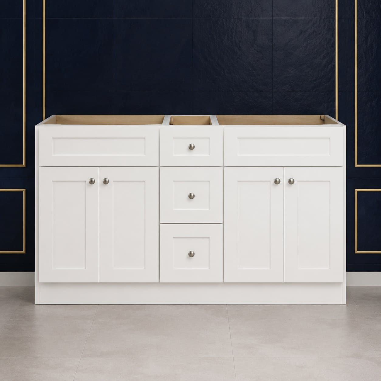 60-inch wide double sink vanity base cabinet with four shaker-style doors and a center stack of three drawers, 34 1/2 inches tall, neutral finish, in Purity White finish — front view
