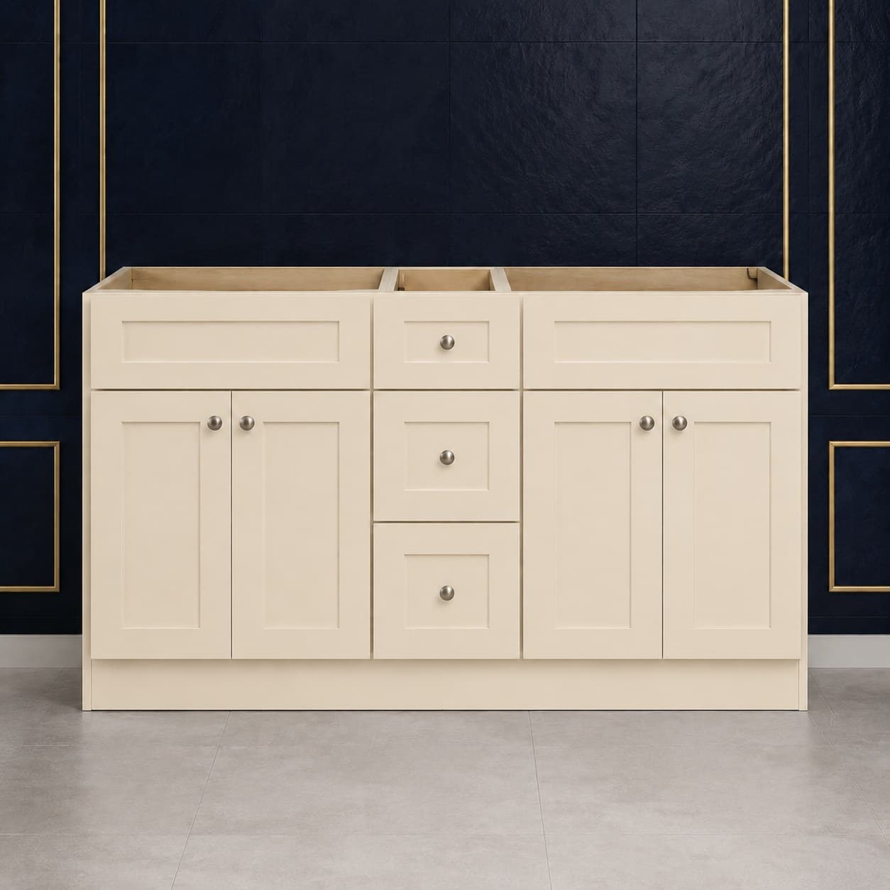 60-inch wide double sink vanity base cabinet with four shaker-style doors and a center stack of three drawers, 34 1/2 inches tall, neutral finish, in Seashell Cream finish — front view
