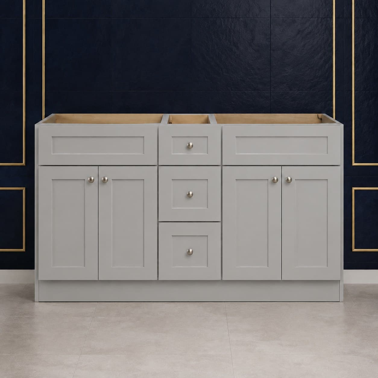 60-inch wide double sink vanity base cabinet with four shaker-style doors and a center stack of three drawers, 34 1/2 inches tall, neutral finish, in Silver Gray finish — front view