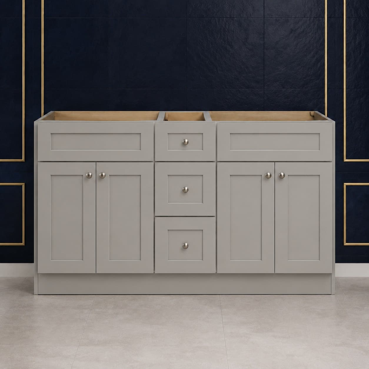 60-inch wide double sink vanity base cabinet with four shaker-style doors and a center stack of three drawers, 34 1/2 inches tall, neutral finish, in Victory Gray finish — front view