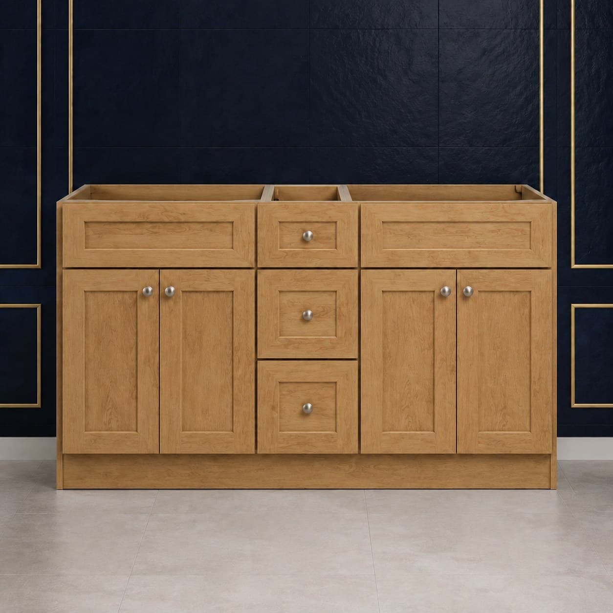 60-inch wide double sink vanity base cabinet with four shaker-style doors and a center stack of three drawers, 34 1/2 inches tall, neutral finish, in Wood Color finish — front view