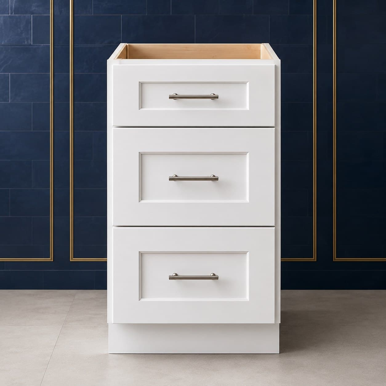 18-inch wide vanity drawer base cabinet with three full-width drawers and shaker-style fronts, 34 1/2 inches tall and 21 inches deep, shown in a neutral finish, in Purity White finish — front view