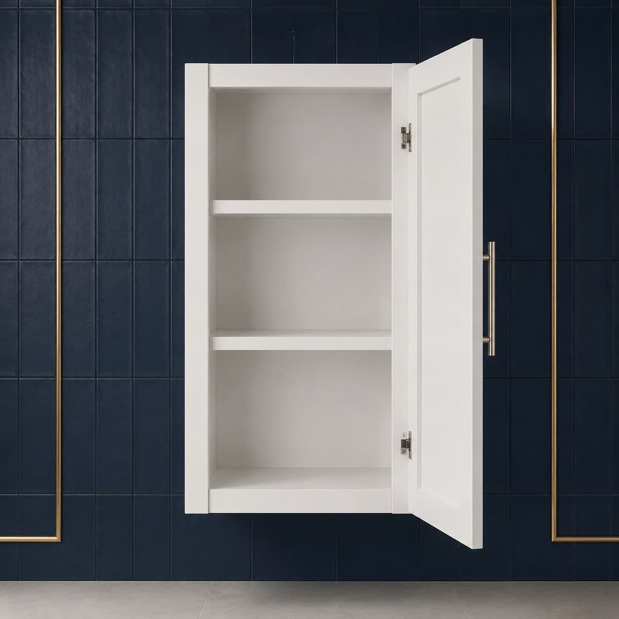 Single door all-wood wall cabinet measuring 18 inches wide and 30 inches tall, door open to show two adjustable shelves, neutral finish, in Purity White finish — front view