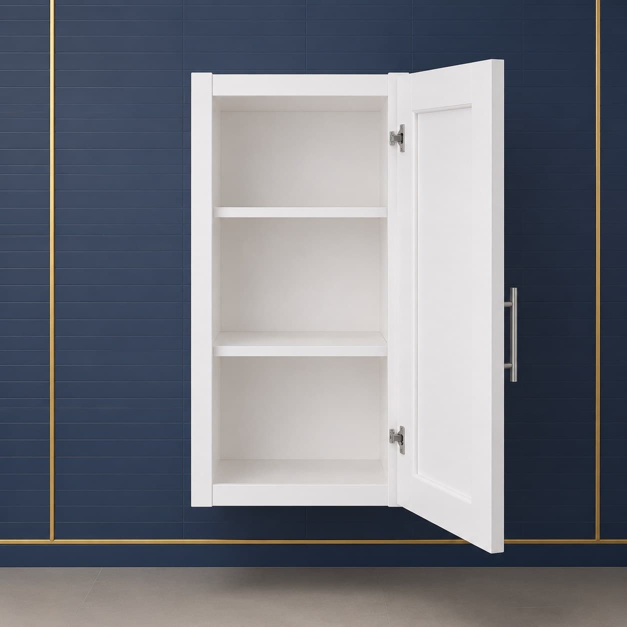 All-wood 18 inch wide by 36 inch tall single door kitchen wall cabinet with two adjustable shelves, shown in a neutral finish, in Purity White finish — front view