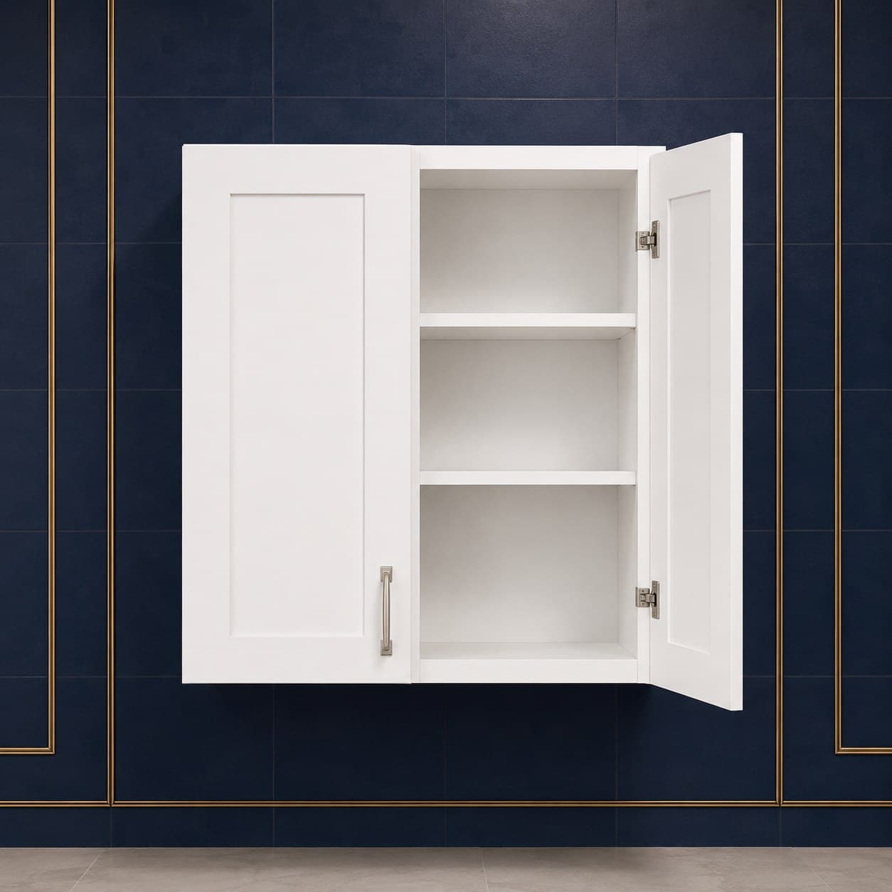 Square-format all-wood double door wall cabinet, 30 inches wide by 30 inches tall, with two adjustable shelves, neutral wood tone, in Purity White finish — front view