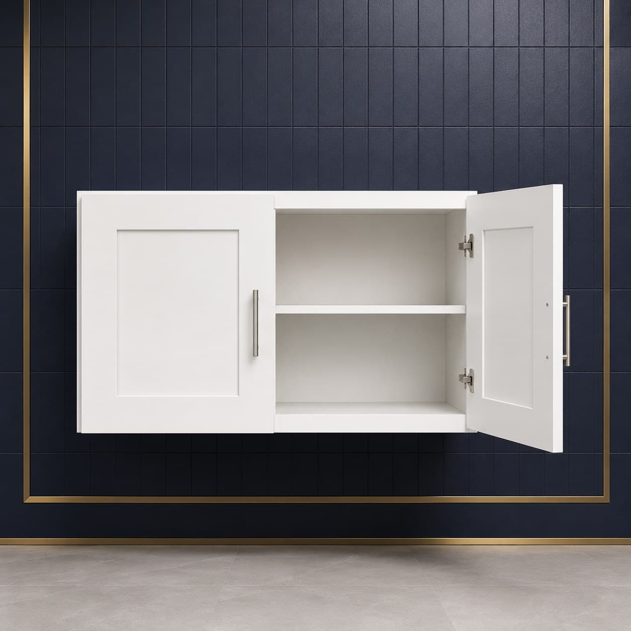 Wide all-wood double door bridge wall cabinet, 33 inches wide by 18 inches tall, with one shelf, shown in a neutral finish, in Purity White finish — front view