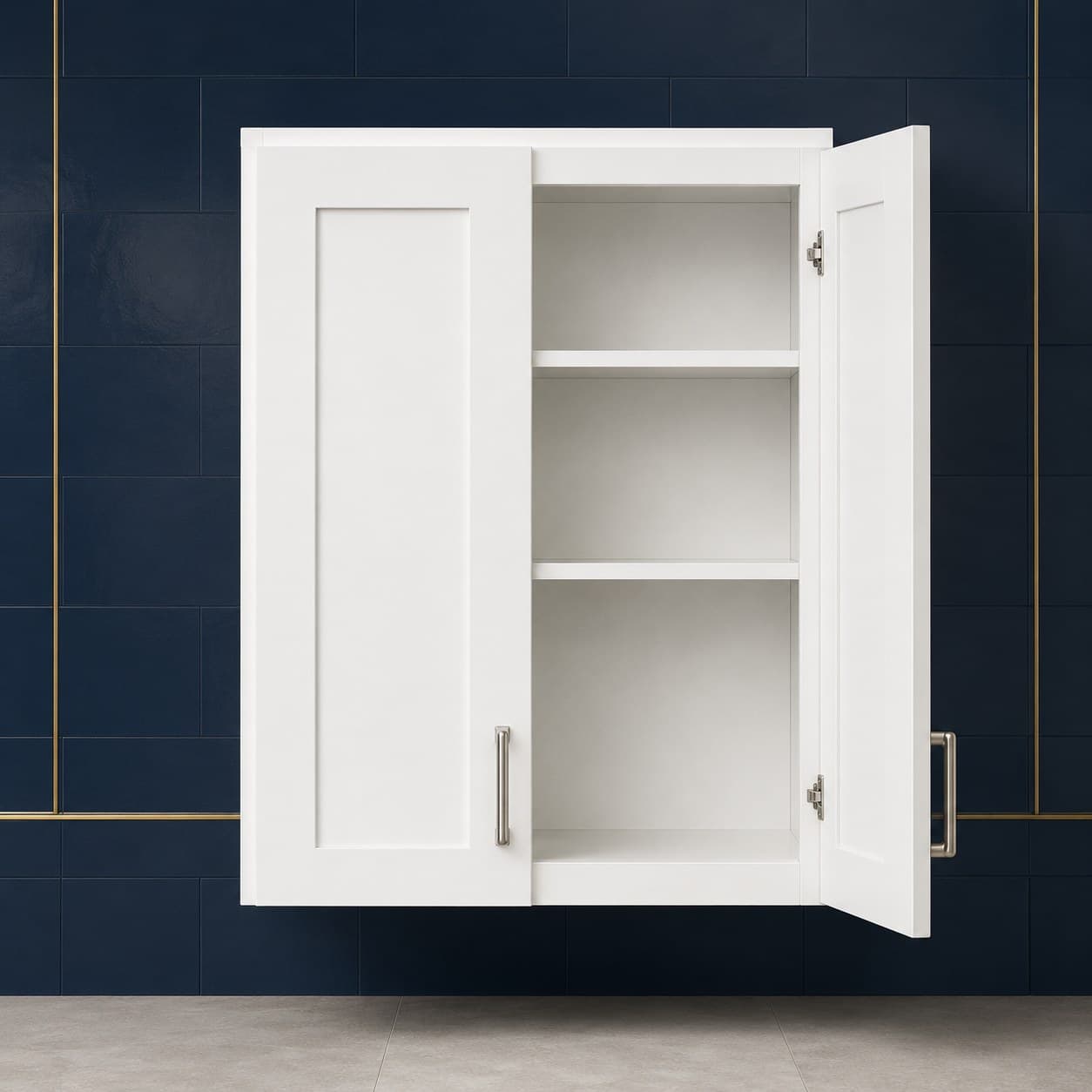 Wide all-wood double door wall cabinet, 33 inches wide by 36 inches tall, with two adjustable interior shelves, shown finish-neutral, in Purity White finish — front view