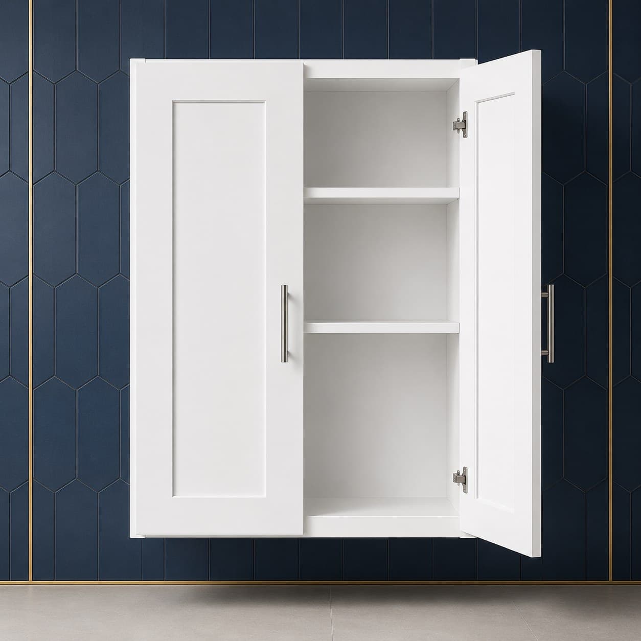 Wide and tall all-wood double door wall cabinet, 33 inches wide by 42 inches tall, with three adjustable shelves, neutral finish, in Purity White finish — front view