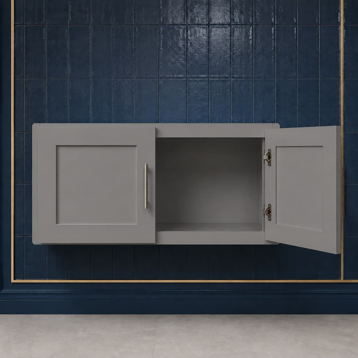 Low-profile all-wood double door bridge wall cabinet, 36 inches wide by 12 inches tall, designed for over-hood or over-sink use, neutral finish, in Modern Gray finish — front view