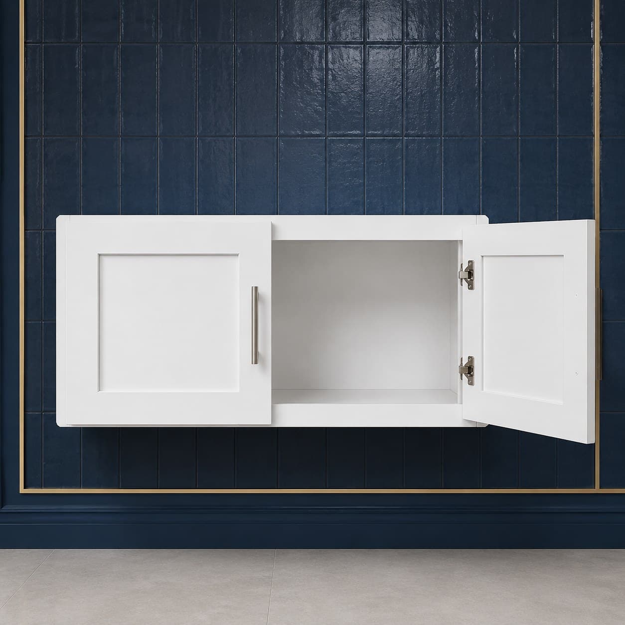 Low-profile all-wood double door bridge wall cabinet, 36 inches wide by 12 inches tall, designed for over-hood or over-sink use, neutral finish, in Purity White finish — front view