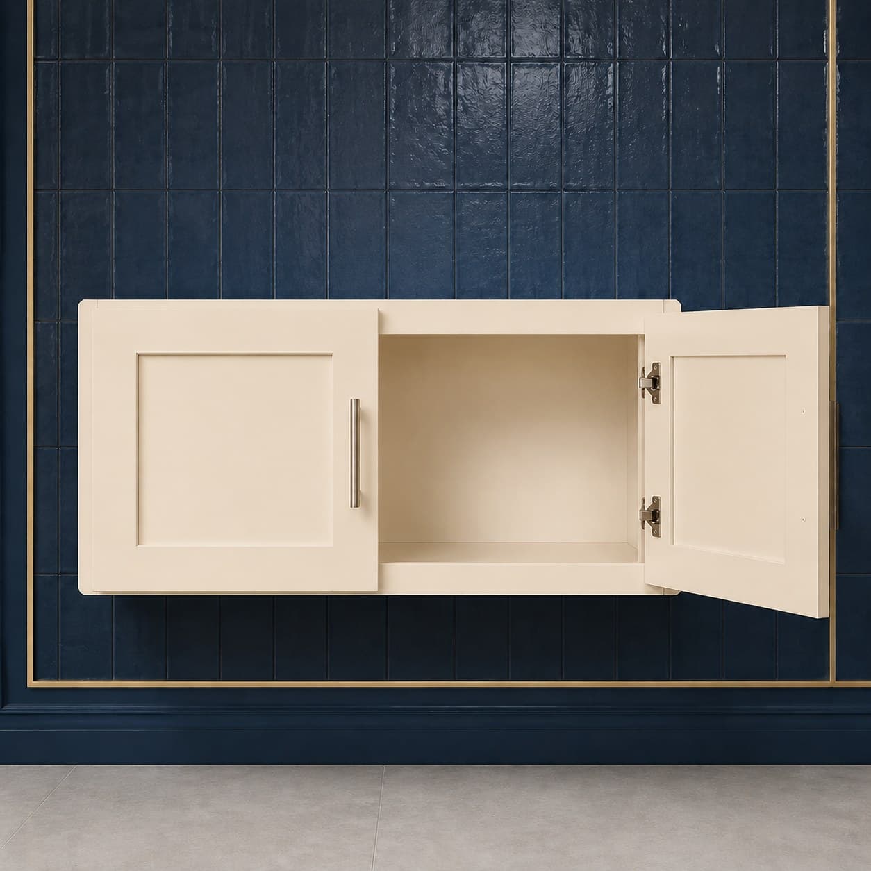 Low-profile all-wood double door bridge wall cabinet, 36 inches wide by 12 inches tall, designed for over-hood or over-sink use, neutral finish, in Seashell Cream finish — front view