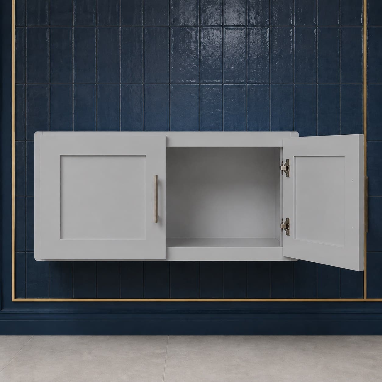 Low-profile all-wood double door bridge wall cabinet, 36 inches wide by 12 inches tall, designed for over-hood or over-sink use, neutral finish, in Silver Gray finish — front view