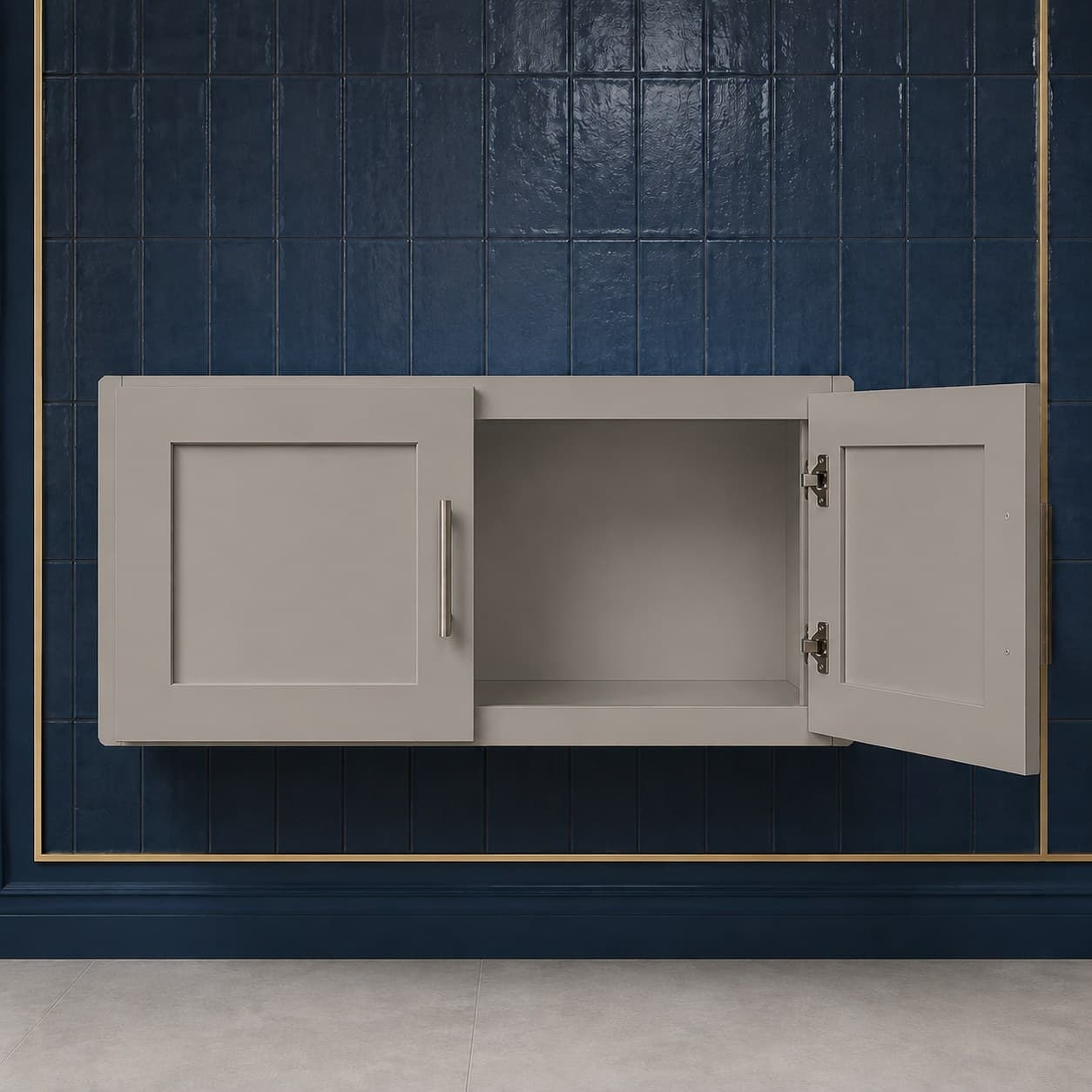 Low-profile all-wood double door bridge wall cabinet, 36 inches wide by 12 inches tall, designed for over-hood or over-sink use, neutral finish, in Victory Gray finish — front view