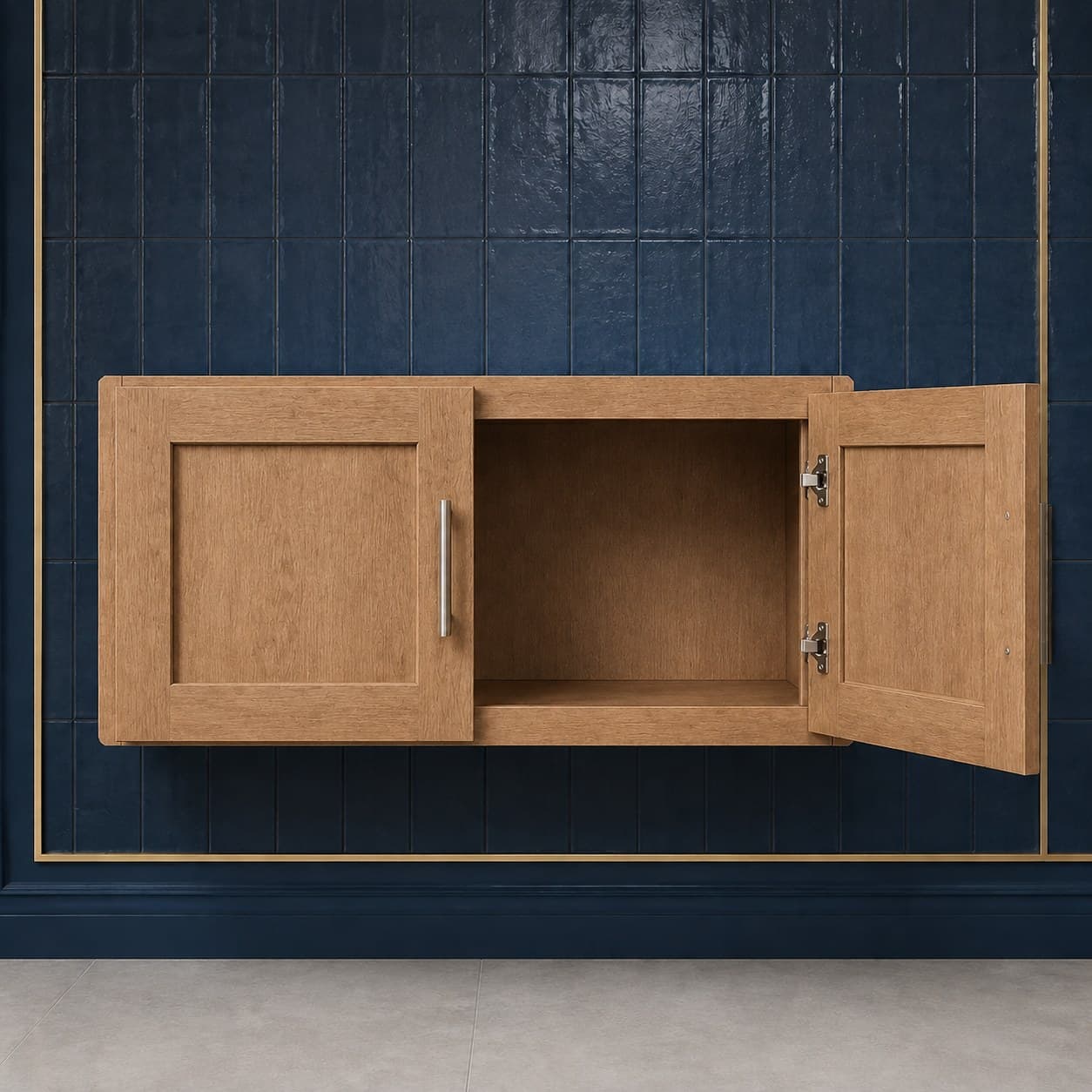 Low-profile all-wood double door bridge wall cabinet, 36 inches wide by 12 inches tall, designed for over-hood or over-sink use, neutral finish, in Wood Color finish — front view