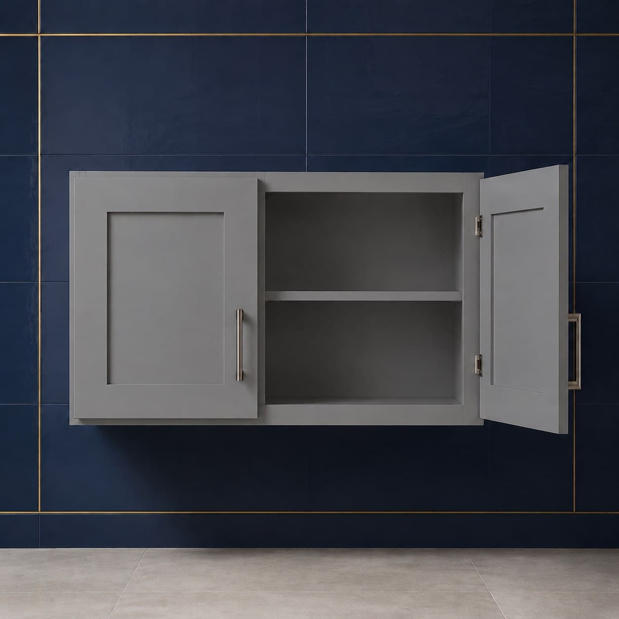 All-wood double door wall cabinet, 36 inches wide by 24 inches tall and 24 inches deep, with one interior shelf, neutral finish, in Modern Gray finish — front view