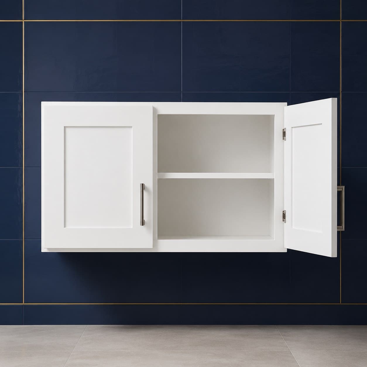 All-wood double door wall cabinet, 36 inches wide by 24 inches tall and 24 inches deep, with one interior shelf, neutral finish, in Purity White finish — front view