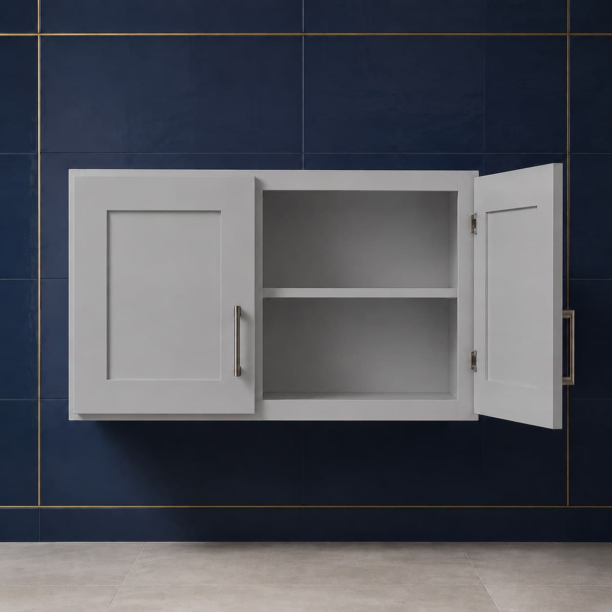 All-wood double door wall cabinet, 36 inches wide by 24 inches tall and 24 inches deep, with one interior shelf, neutral finish, in Silver Gray finish — front view
