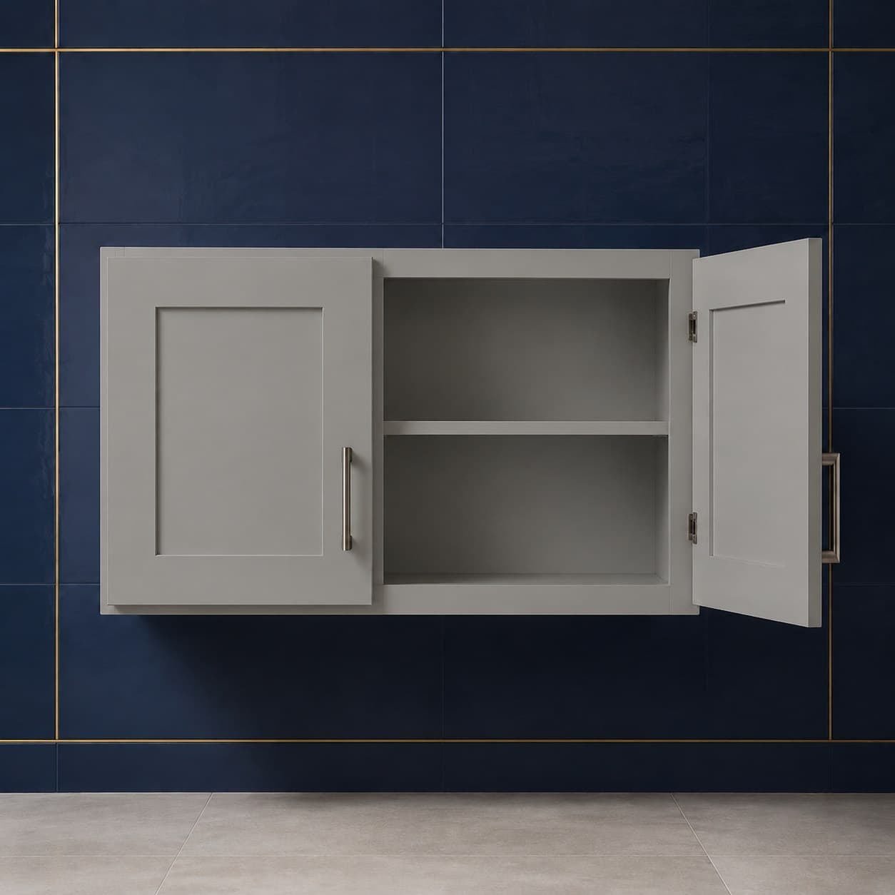 All-wood double door wall cabinet, 36 inches wide by 24 inches tall and 24 inches deep, with one interior shelf, neutral finish, in Victory Gray finish — front view