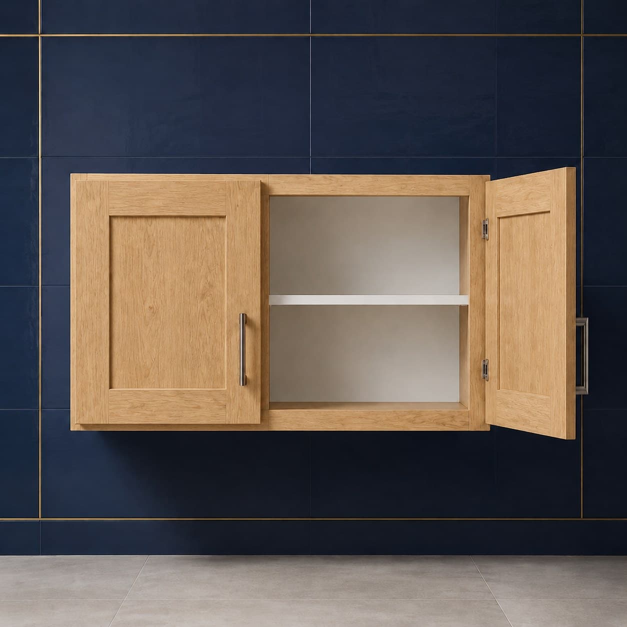 All-wood double door wall cabinet, 36 inches wide by 24 inches tall and 24 inches deep, with one interior shelf, neutral finish, in Wood Color finish — front view