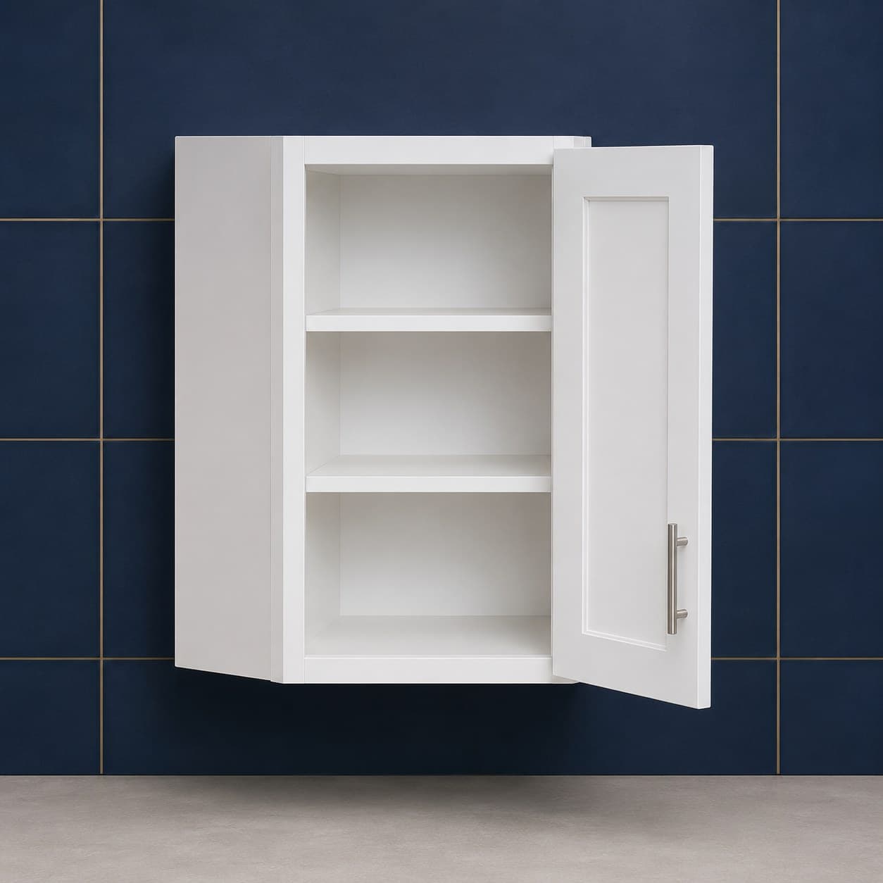 All-wood wall diagonal corner cabinet, 24 inches wide by 30 inches tall with an angled single door and two shelves, neutral finish, in Purity White finish — front view