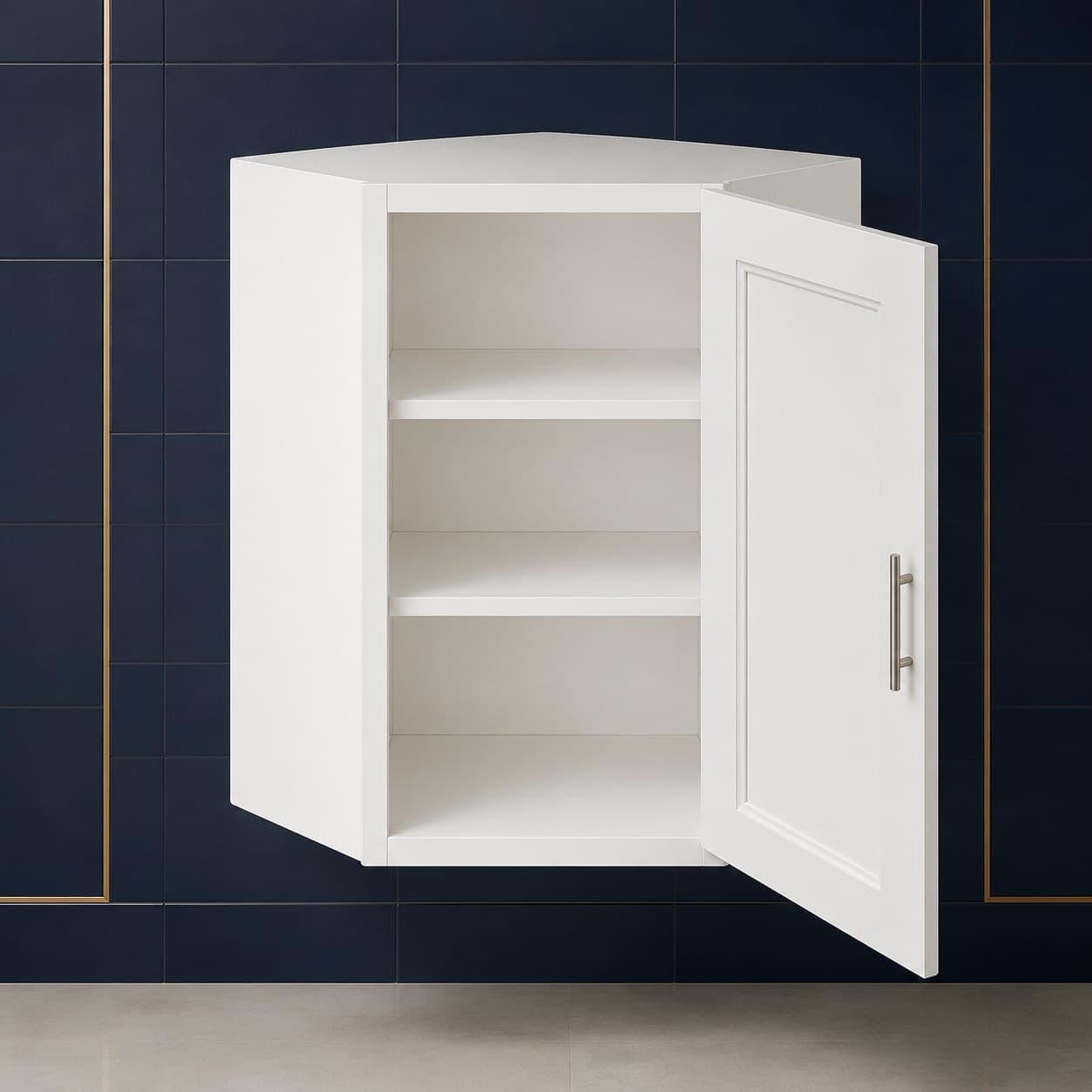 Tall all-wood wall diagonal corner cabinet, 24 inches wide by 42 inches tall, with a single angled door and three shelves, neutral finish, in Purity White finish — front view