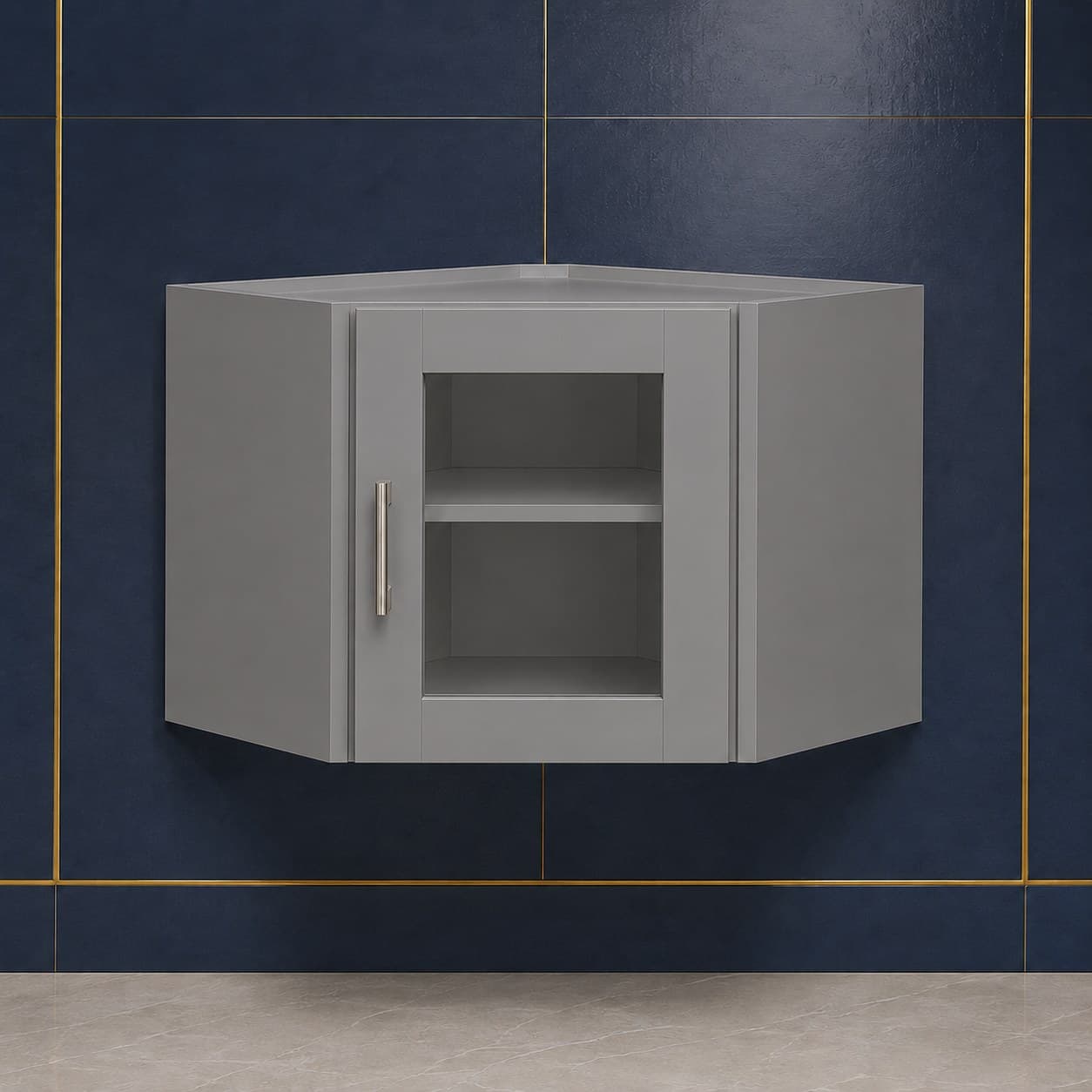 Angled all-wood corner wall cabinet, 24 inches wide by 18 inches tall, with a single glass door, shown in a neutral finish, in Modern Gray finish — front view