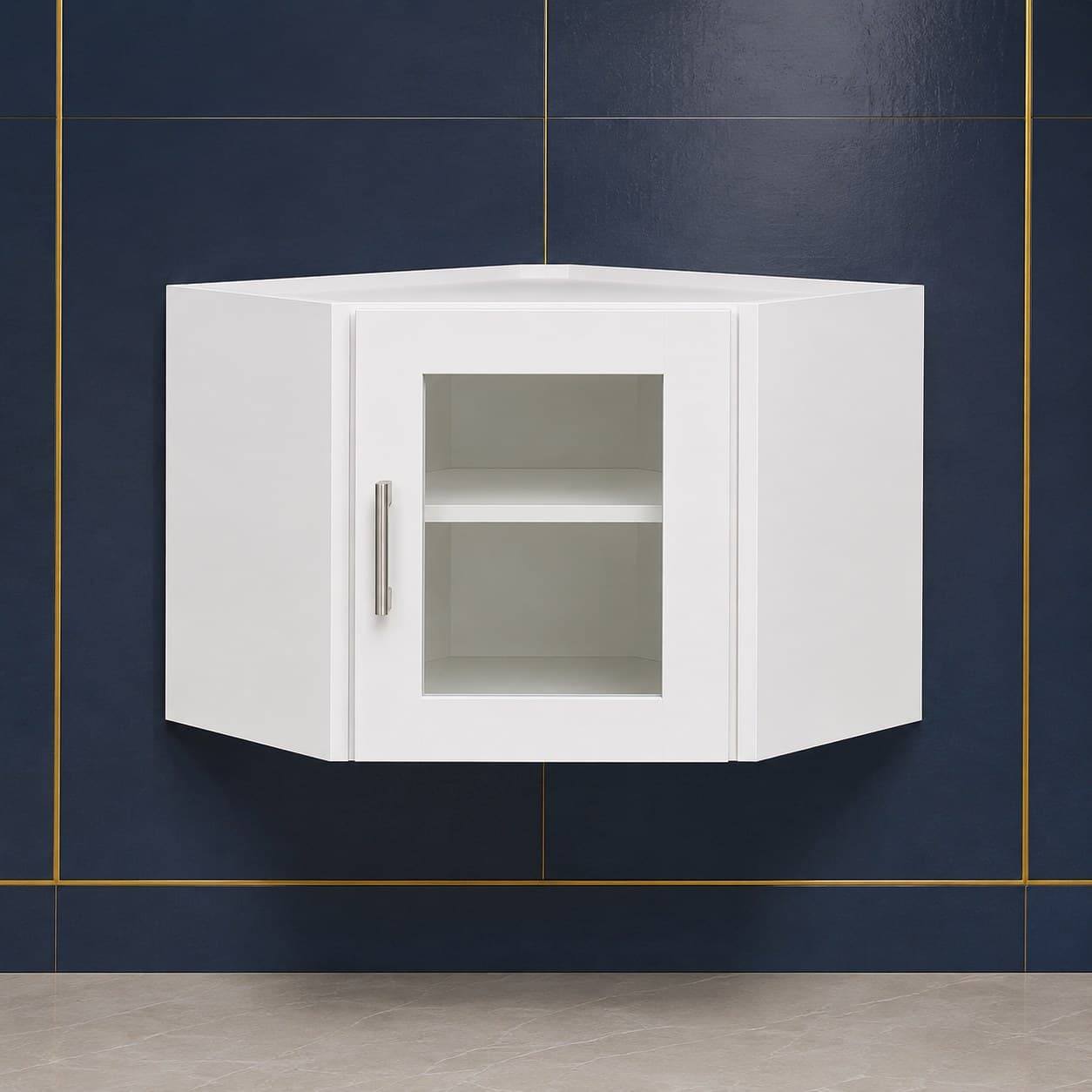 Angled all-wood corner wall cabinet, 24 inches wide by 18 inches tall, with a single glass door, shown in a neutral finish, in Purity White finish — front view