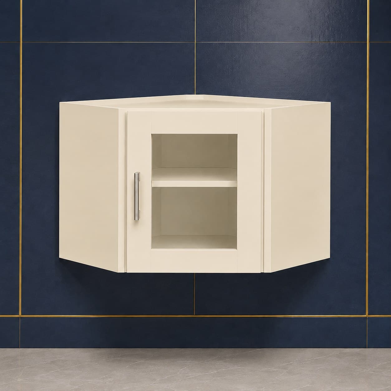 Angled all-wood corner wall cabinet, 24 inches wide by 18 inches tall, with a single glass door, shown in a neutral finish, in Seashell Cream finish — front view