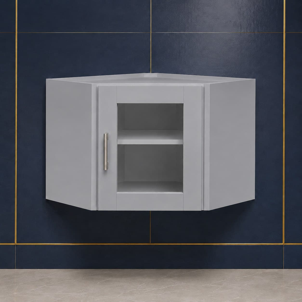 Angled all-wood corner wall cabinet, 24 inches wide by 18 inches tall, with a single glass door, shown in a neutral finish, in Silver Gray finish — front view