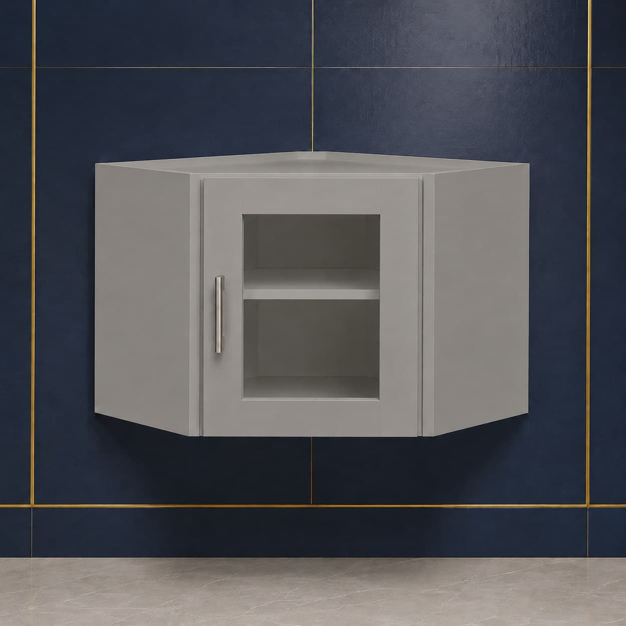 Angled all-wood corner wall cabinet, 24 inches wide by 18 inches tall, with a single glass door, shown in a neutral finish, in Victory Gray finish — front view
