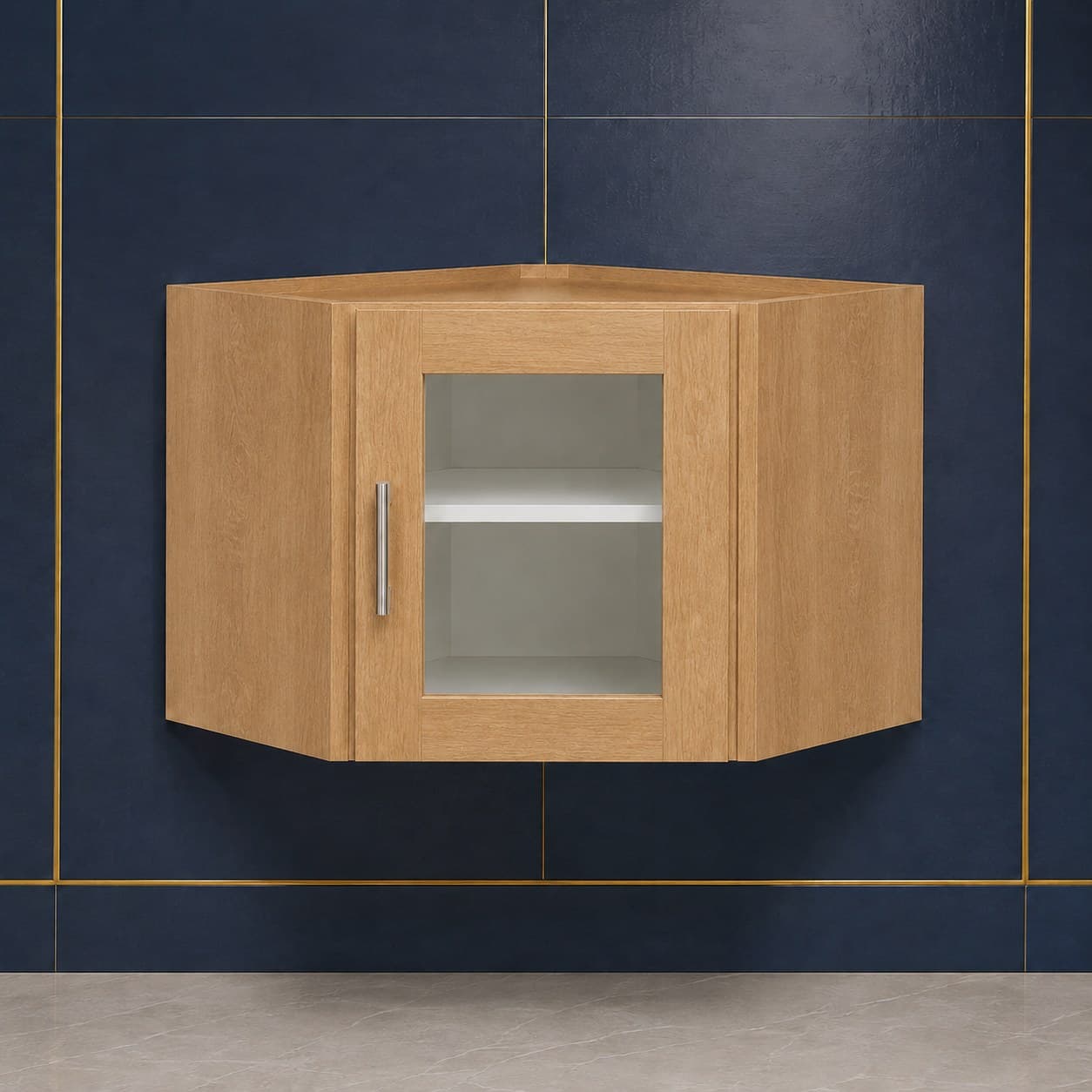 Angled all-wood corner wall cabinet, 24 inches wide by 18 inches tall, with a single glass door, shown in a neutral finish, in Wood Color finish — front view