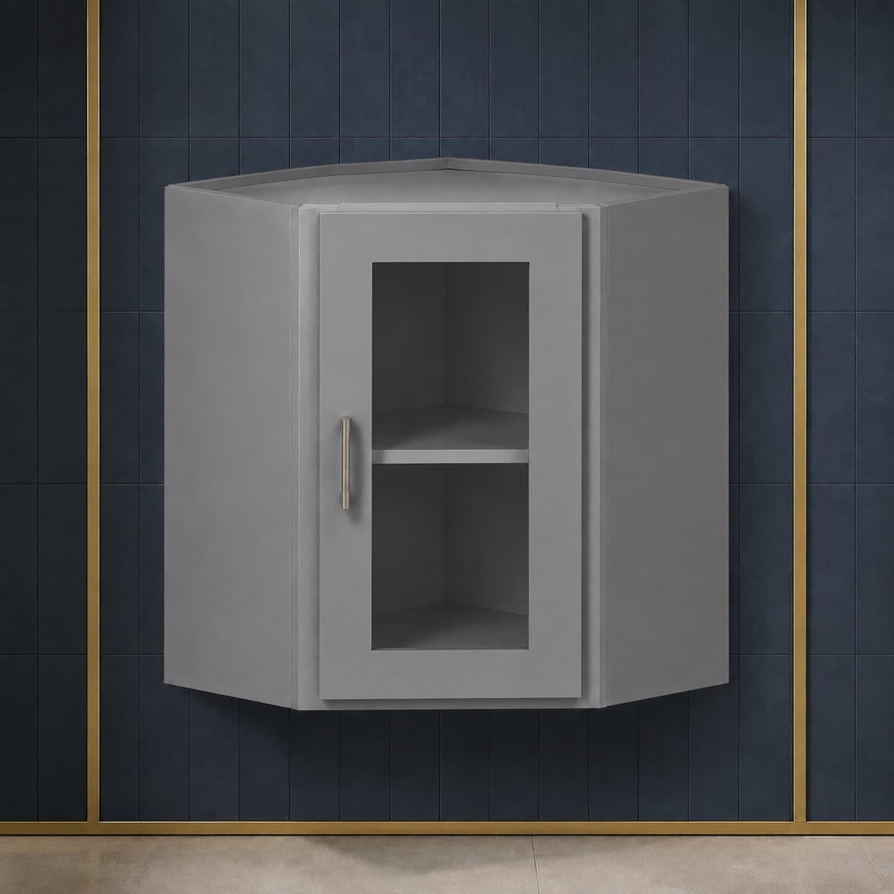 All-wood wall diagonal corner glass door cabinet, 24 inches wide by 24 inches tall, with one interior shelf, neutral finish, in Modern Gray finish — front view