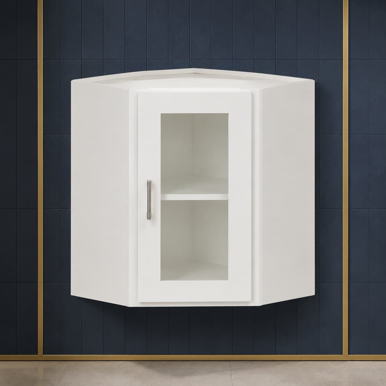 All-wood wall diagonal corner glass door cabinet, 24 inches wide by 24 inches tall, with one interior shelf, neutral finish, in Purity White finish — front view