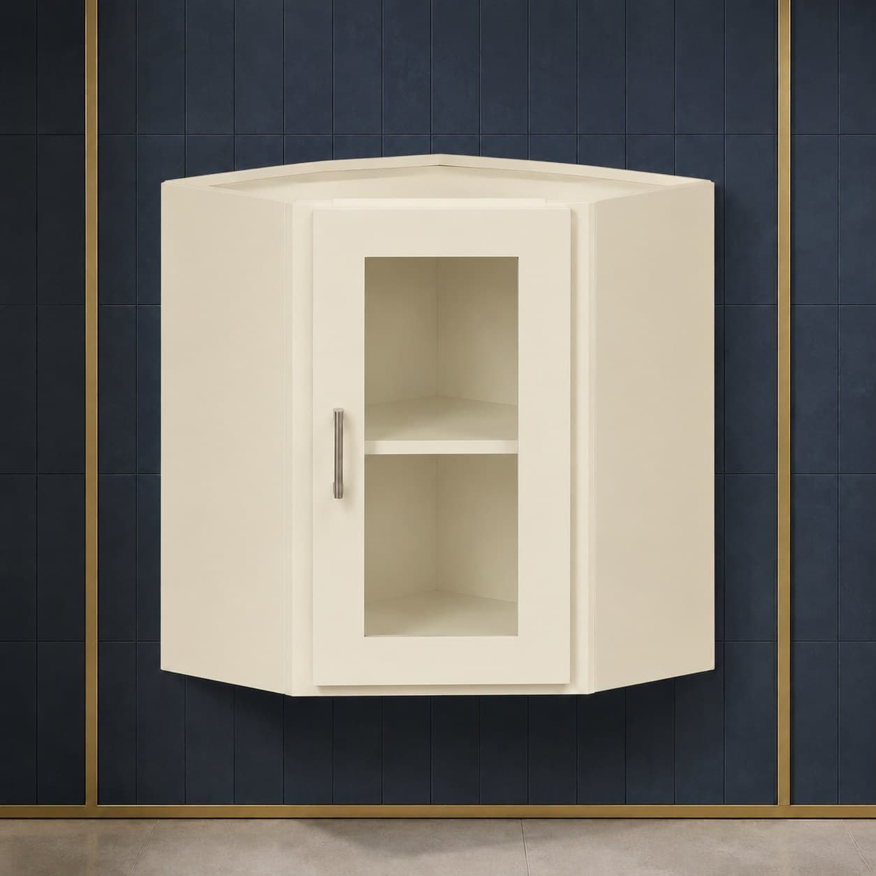 All-wood wall diagonal corner glass door cabinet, 24 inches wide by 24 inches tall, with one interior shelf, neutral finish, in Seashell Cream finish — front view