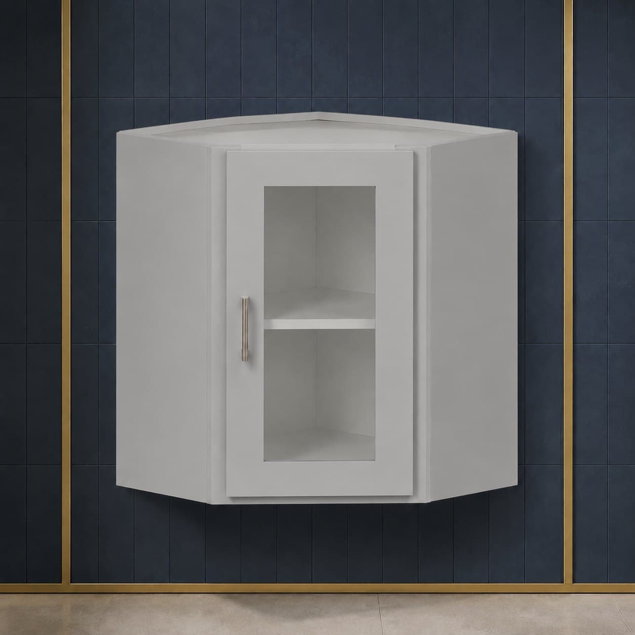 All-wood wall diagonal corner glass door cabinet, 24 inches wide by 24 inches tall, with one interior shelf, neutral finish, in Silver Gray finish — front view