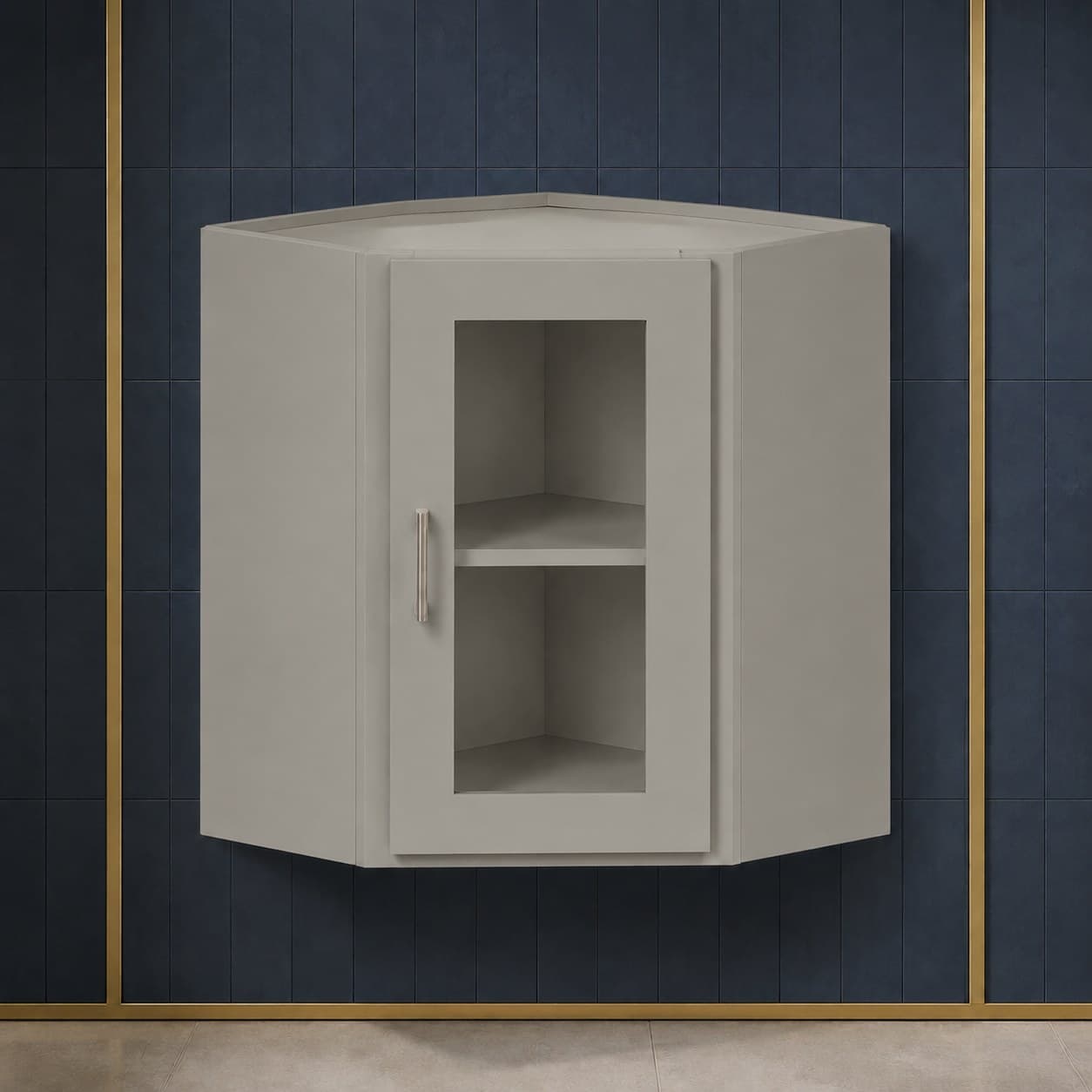 All-wood wall diagonal corner glass door cabinet, 24 inches wide by 24 inches tall, with one interior shelf, neutral finish, in Victory Gray finish — front view