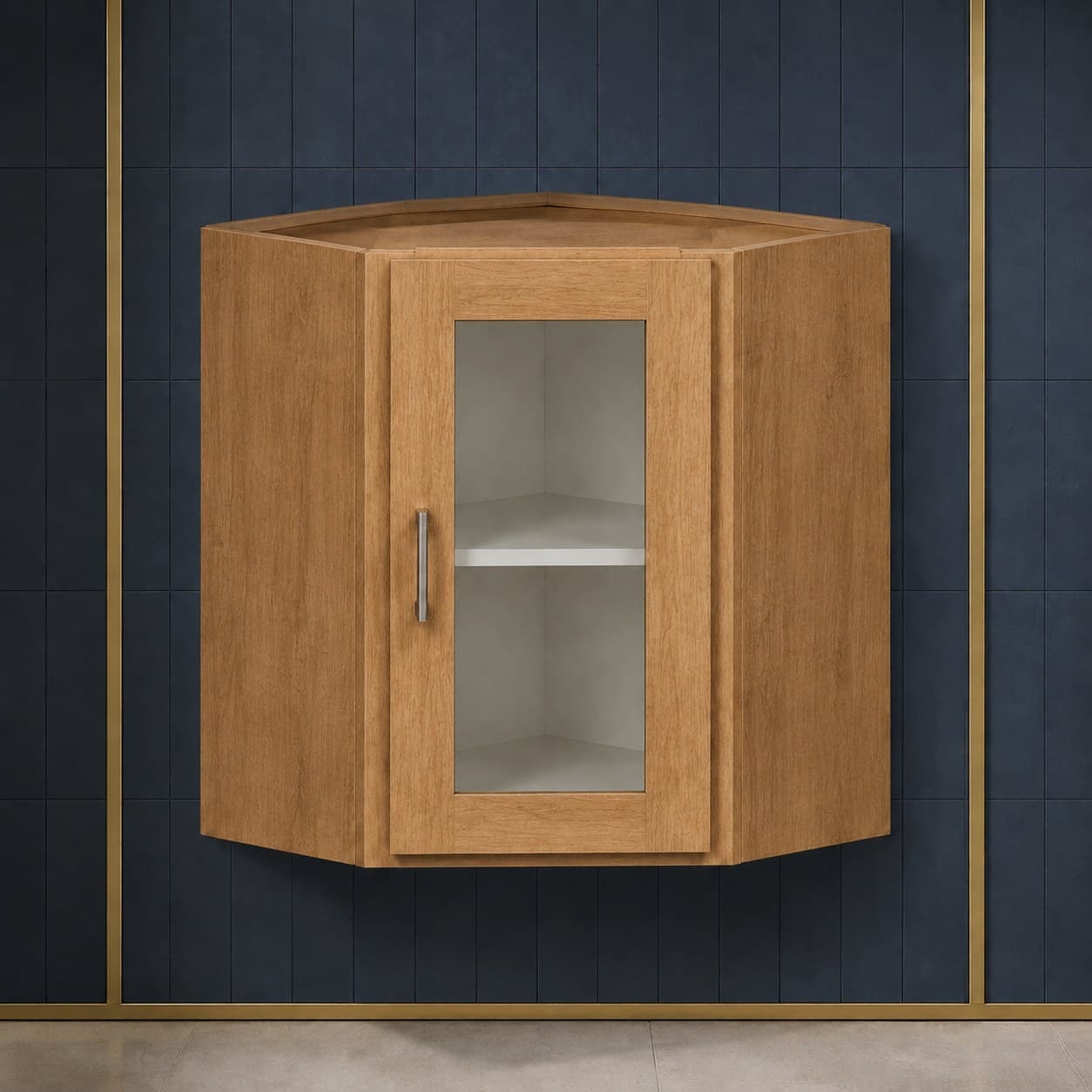 All-wood wall diagonal corner glass door cabinet, 24 inches wide by 24 inches tall, with one interior shelf, neutral finish, in Wood Color finish — front view