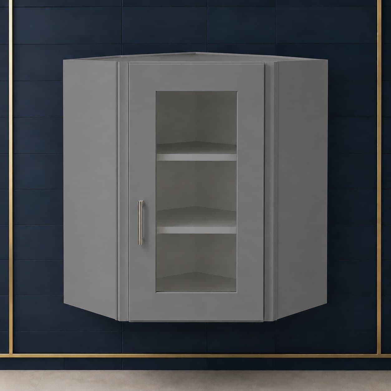 Tall angled all-wood corner wall cabinet, 24 inches wide by 30 inches tall, with a glass door and two shelves, neutral finish, in Modern Gray finish — front view