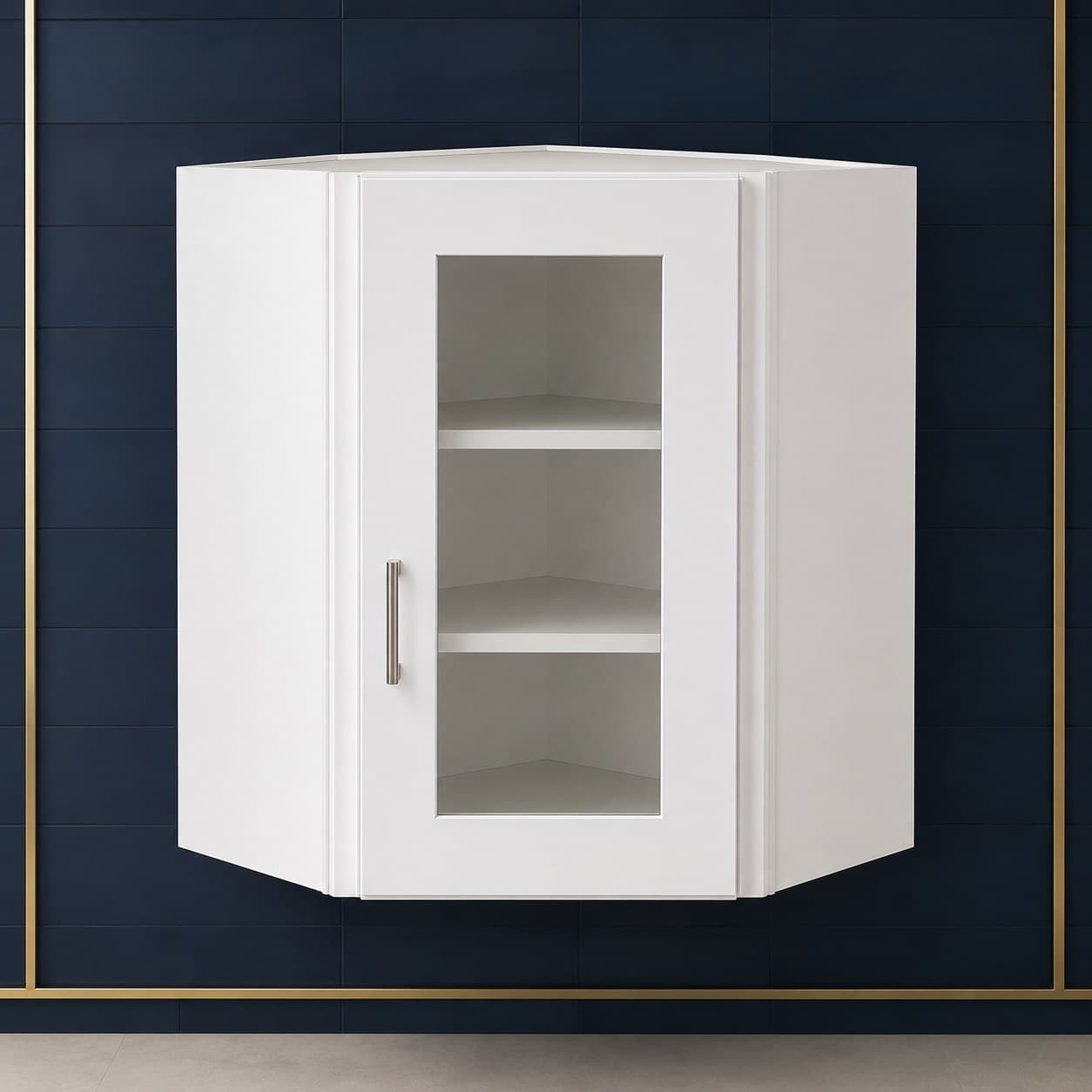 Tall angled all-wood corner wall cabinet, 24 inches wide by 30 inches tall, with a glass door and two shelves, neutral finish, in Purity White finish — front view