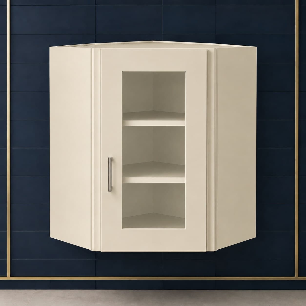Tall angled all-wood corner wall cabinet, 24 inches wide by 30 inches tall, with a glass door and two shelves, neutral finish, in Seashell Cream finish — front view