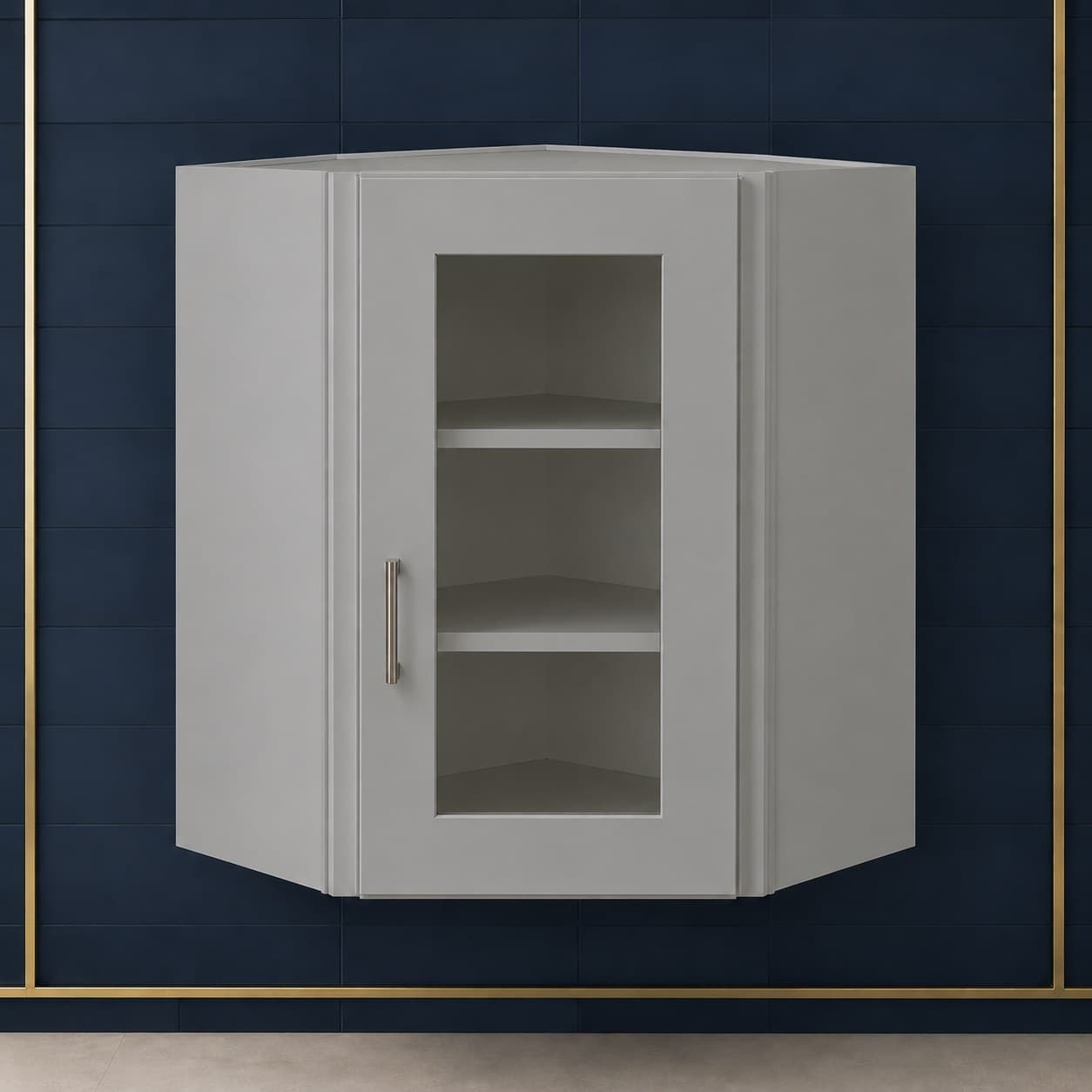 Tall angled all-wood corner wall cabinet, 24 inches wide by 30 inches tall, with a glass door and two shelves, neutral finish, in Silver Gray finish — front view
