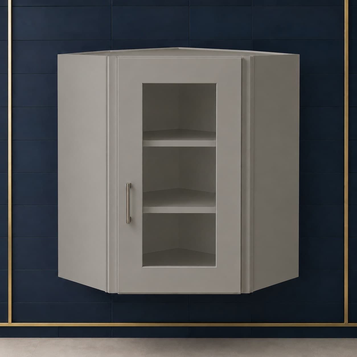 Tall angled all-wood corner wall cabinet, 24 inches wide by 30 inches tall, with a glass door and two shelves, neutral finish, in Victory Gray finish — front view