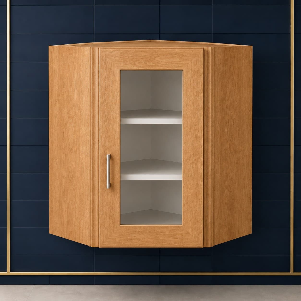 Tall angled all-wood corner wall cabinet, 24 inches wide by 30 inches tall, with a glass door and two shelves, neutral finish, in Wood Color finish — front view